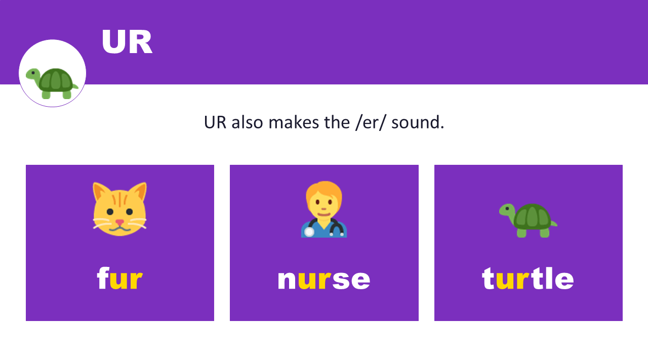 UR makes the er sound — fur, nurse