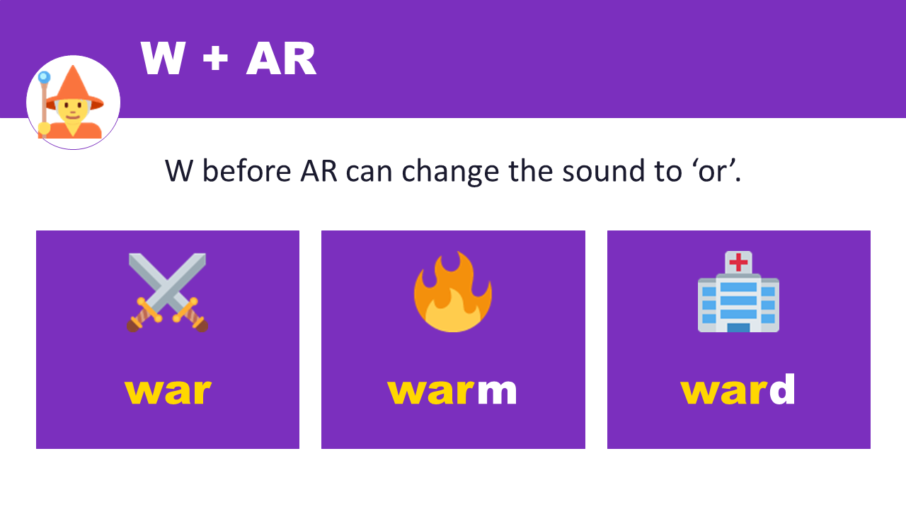 W + AR changes to or sound — war, warm