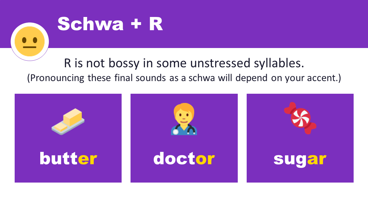 Schwa + R — unstressed syllables — butter, doctor