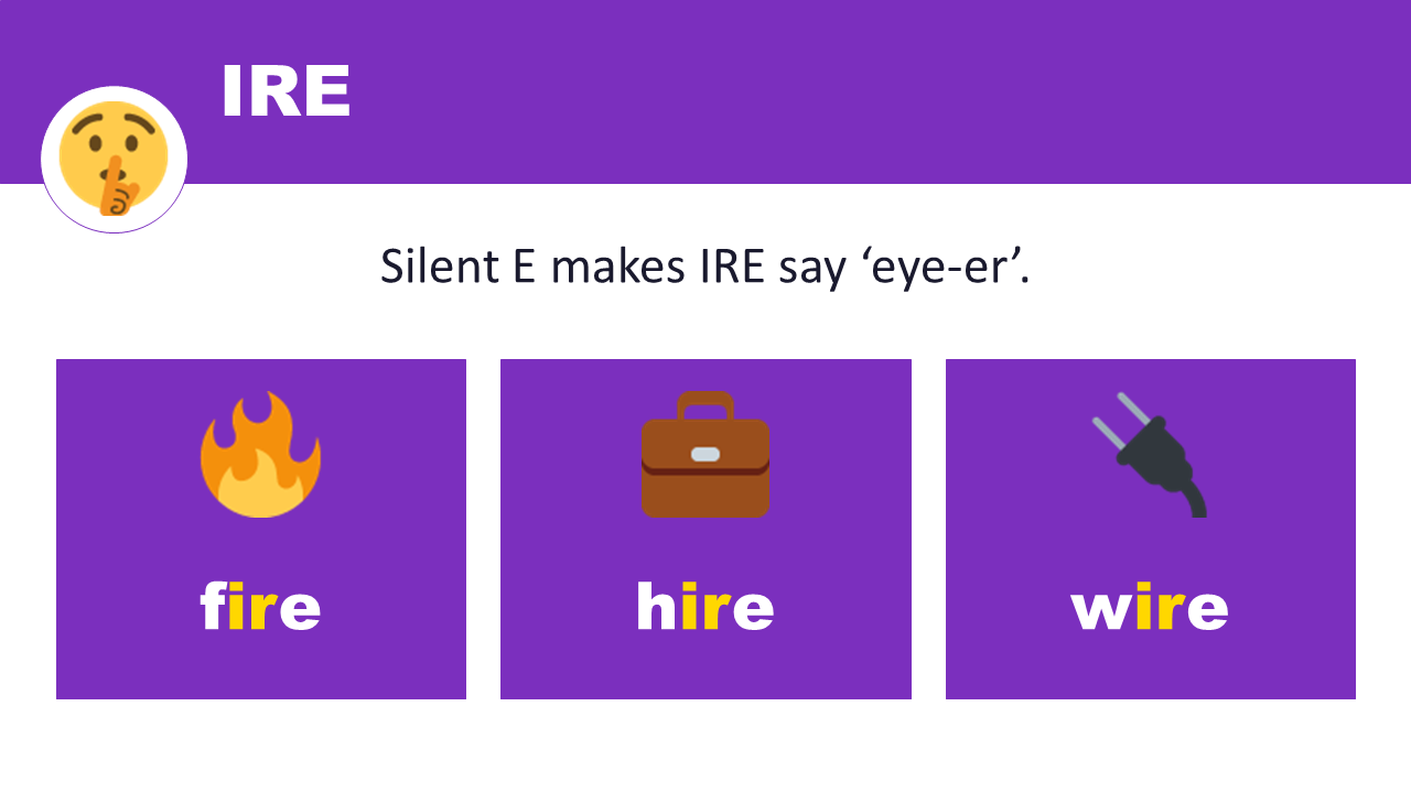 IRE — silent E makes it say eye-er — fire, hire
