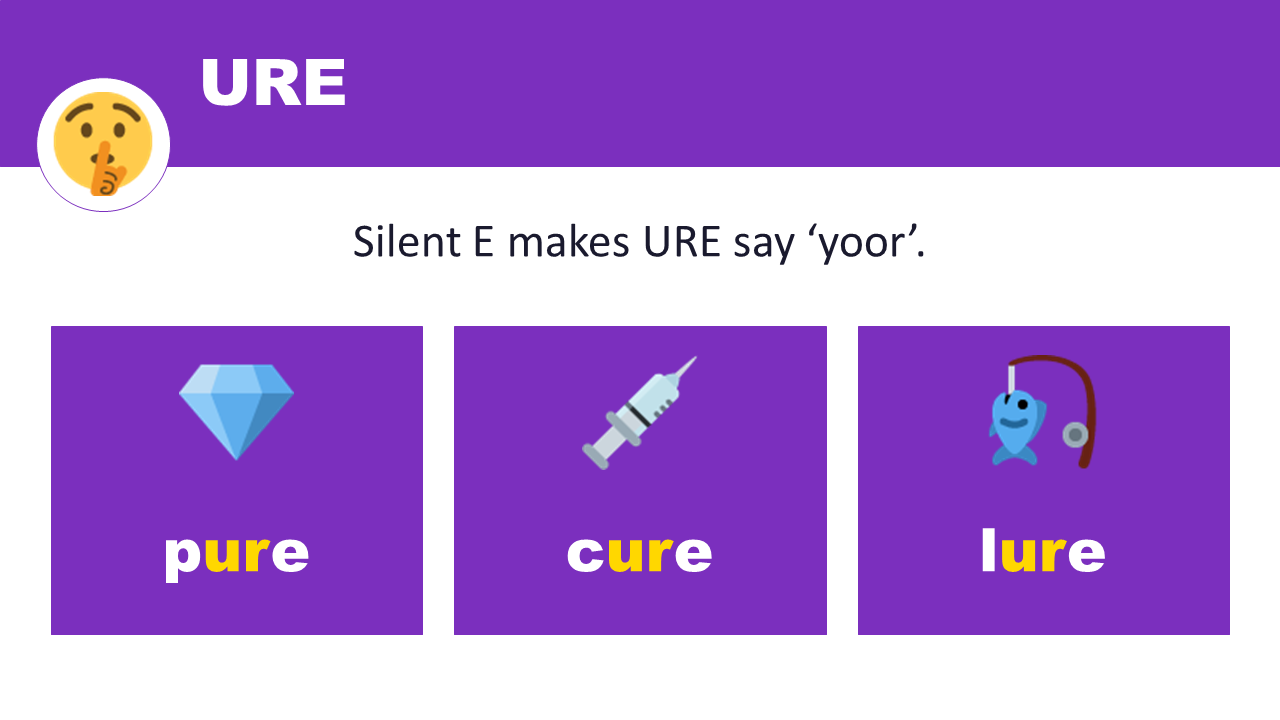 URE — silent E makes it say yoor — pure, cure